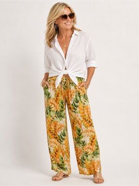 TAHARI 100% Linen Floral Wide Leg Pants Pull On Elastic Waist XL Summer